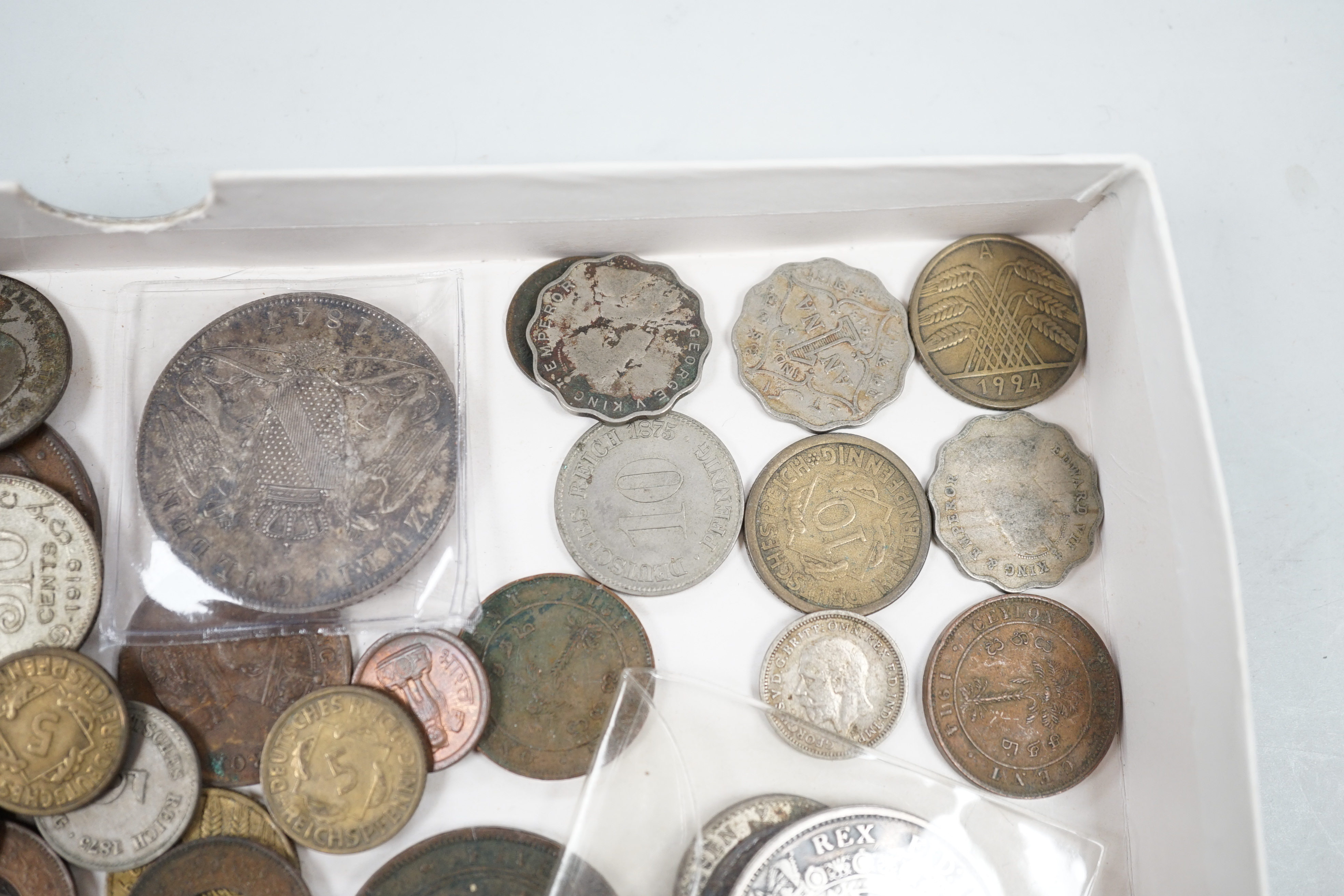 A collection of coins including an Elizabeth I shilling, a Baden zwei Gulden 1847, halfcrown 1816 etc.